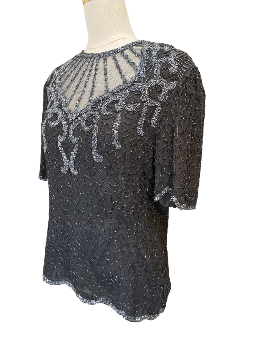 Vintage Brilliante by J.A. Black Silk Beaded Blouse Top Large Art Deco - Picture 4 of 11